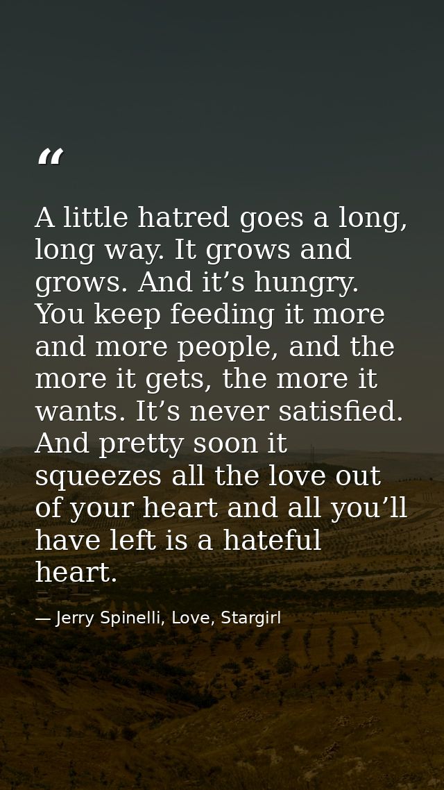 A little hatred goes a long, long way. It grows and grows. And it’s hungry. You keep feeding it more and more people, an — Jerry Spinelli, Love, Stargirl