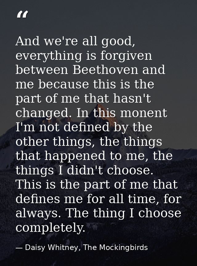 And we're all good, everything is forgiven between Beethoven and me because this is the part of me that hasn't changed.  — Daisy Whitney, The Mockingbirds