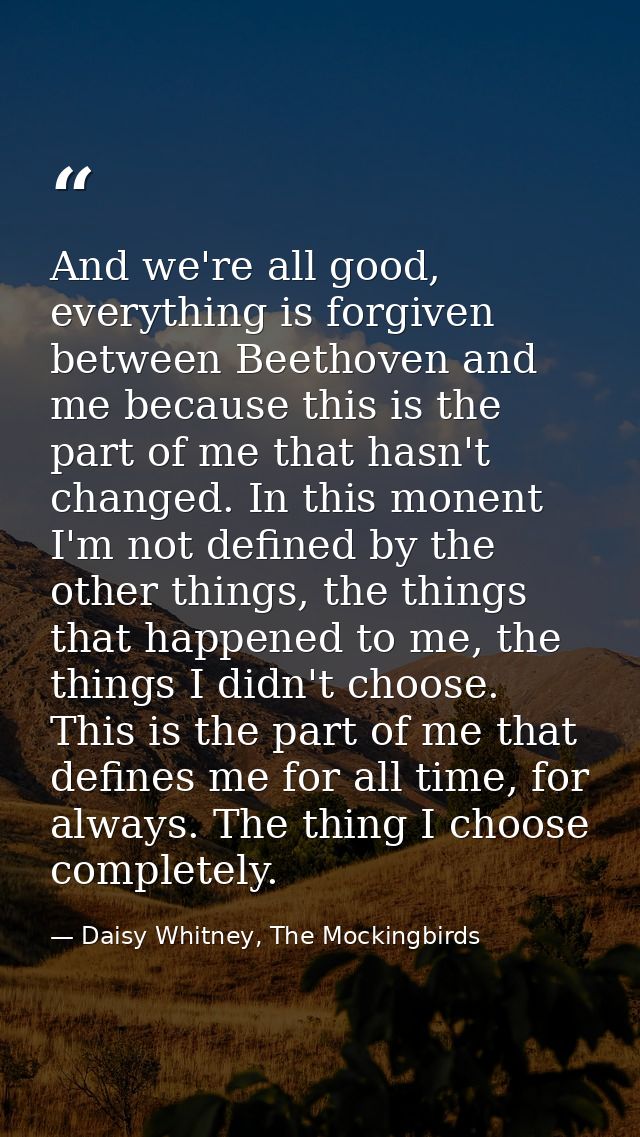 And we're all good, everything is forgiven between Beethoven and me because this is the part of me that hasn't changed.  — Daisy Whitney, The Mockingbirds