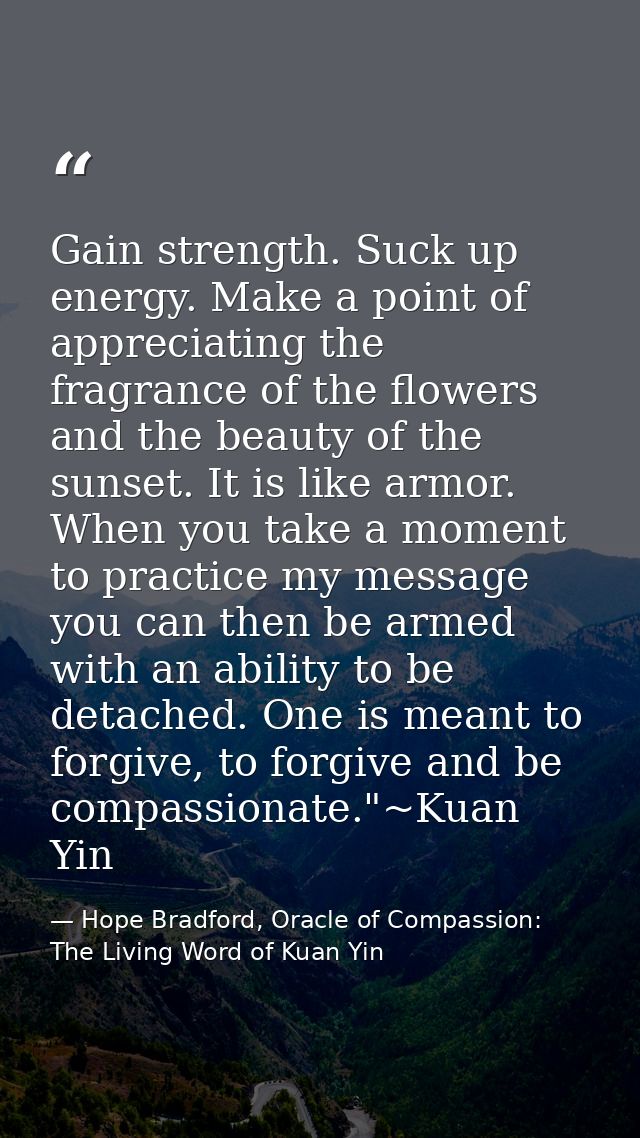 Gain strength. Suck up energy. Make a point of appreciating the fragrance of the flowers and the beauty of the sunset. I — Hope Bradford, Oracle of Compassion: The Living Word of Kuan Yin