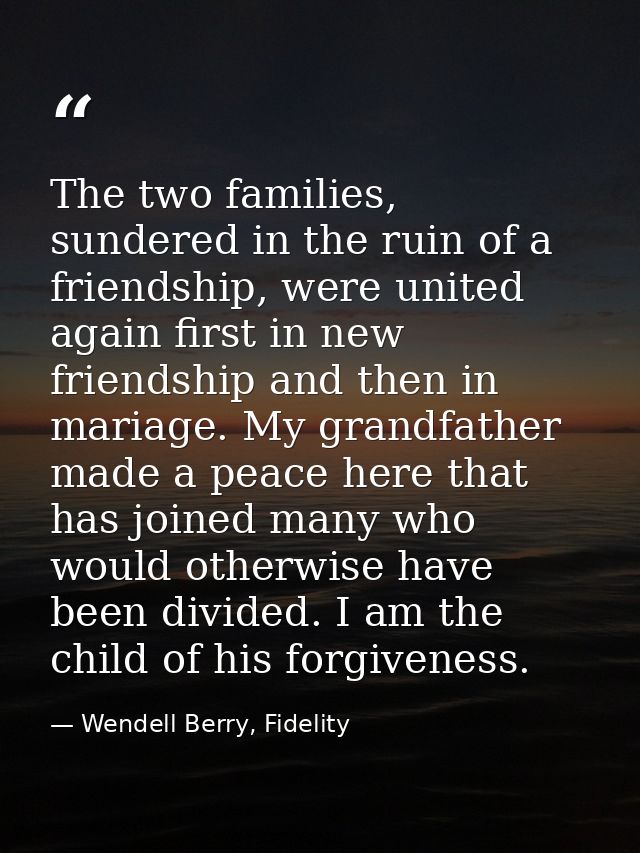 The two families, sundered in the ruin of a friendship, were united again first in new friendship and then in mariage. M — Wendell Berry, Fidelity
