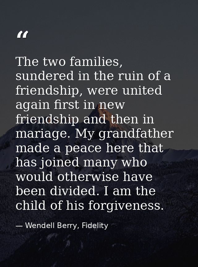 The two families, sundered in the ruin of a friendship, were united again first in new friendship and then in mariage. M — Wendell Berry, Fidelity