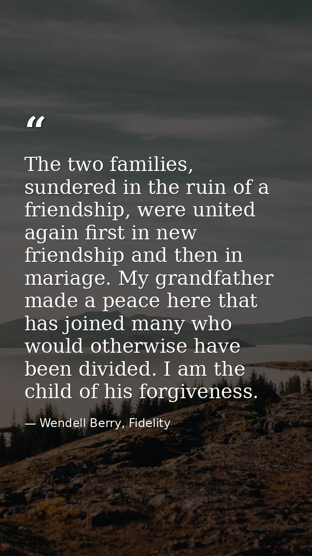The two families, sundered in the ruin of a friendship, were united again first in new friendship and then in mariage. M — Wendell Berry, Fidelity