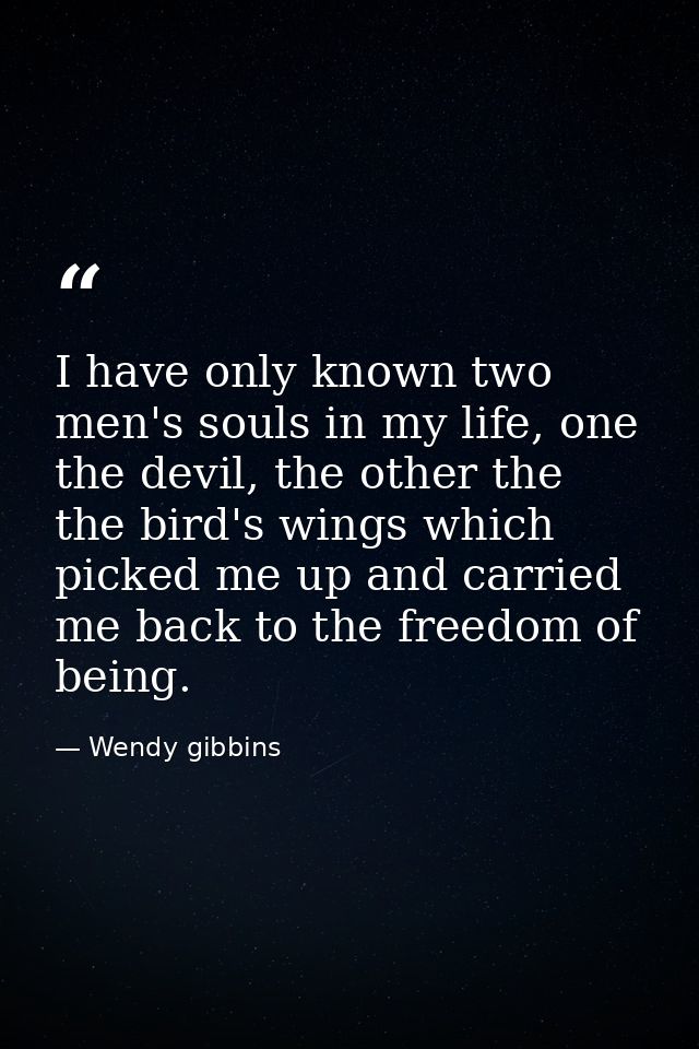 I have only known two men's souls in my life, one the devil, the other the the bird's wings which picked me up and carri — Wendy gibbins