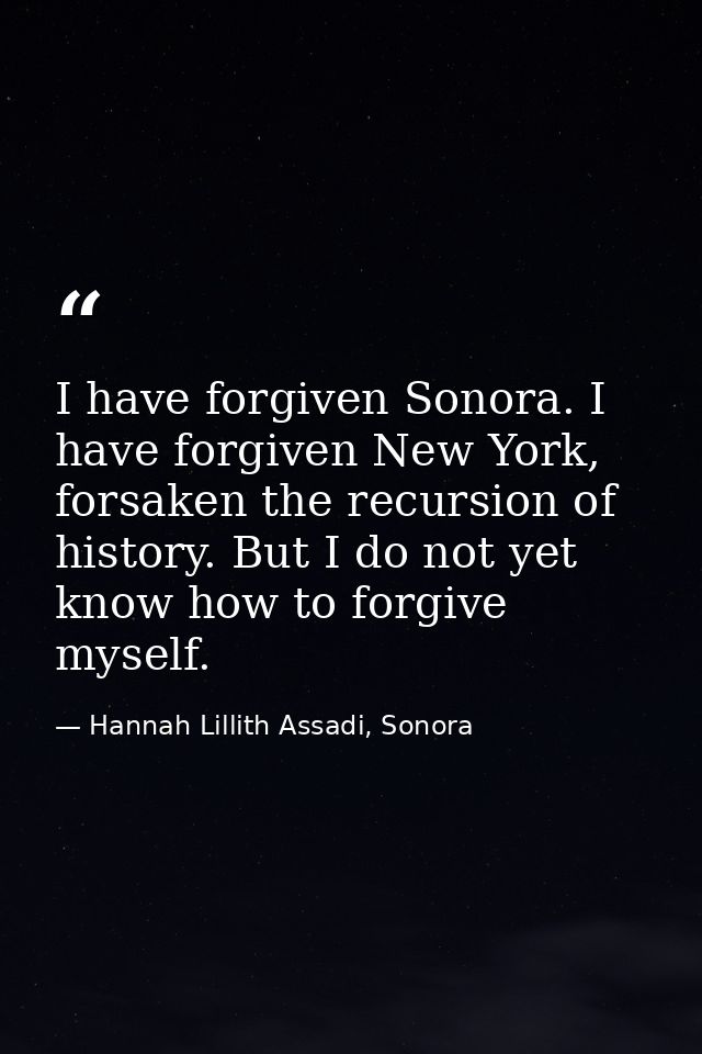 I have forgiven Sonora. I have forgiven New York, forsaken the recursion of history. But I do not yet know how to forgiv — Hannah Lillith Assadi, Sonora