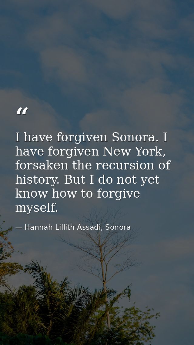 I have forgiven Sonora. I have forgiven New York, forsaken the recursion of history. But I do not yet know how to forgiv — Hannah Lillith Assadi, Sonora