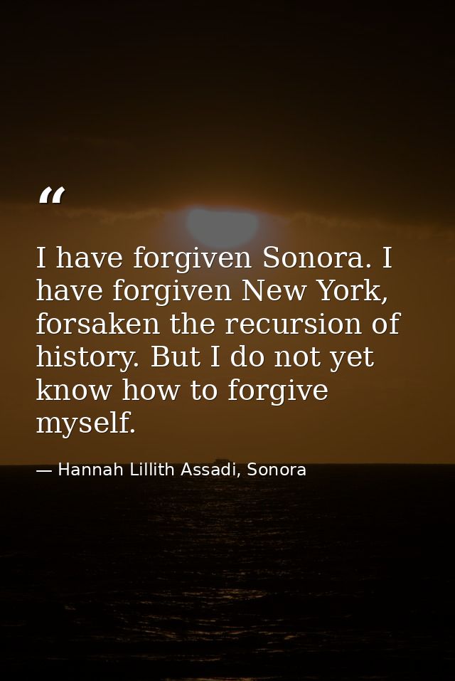 I have forgiven Sonora. I have forgiven New York, forsaken the recursion of history. But I do not yet know how to forgiv — Hannah Lillith Assadi, Sonora