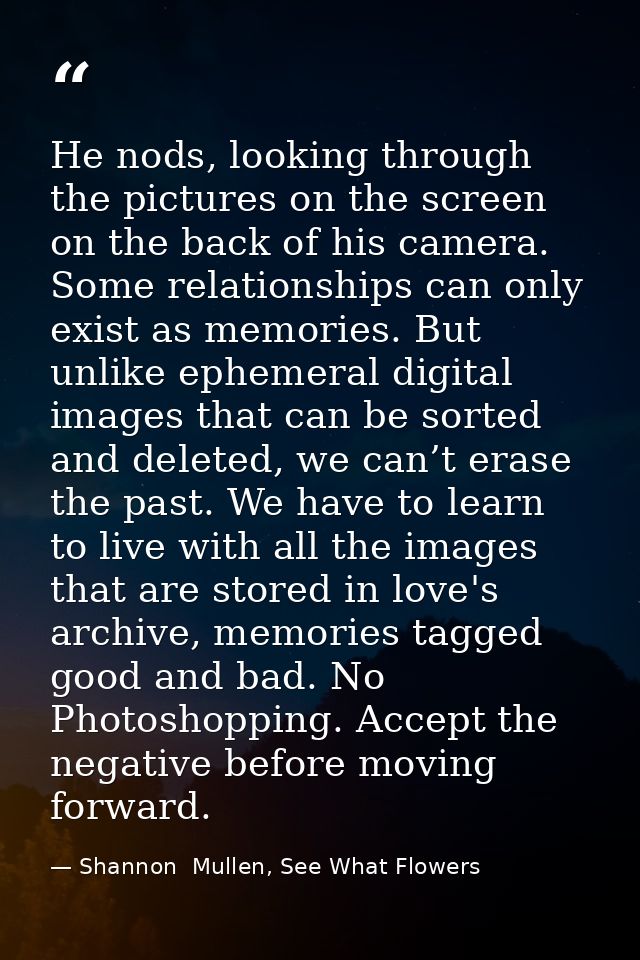 He nods, looking through the pictures on the screen on the back of his camera. Some relationships can only exist as memo — Shannon  Mullen, See What Flowers