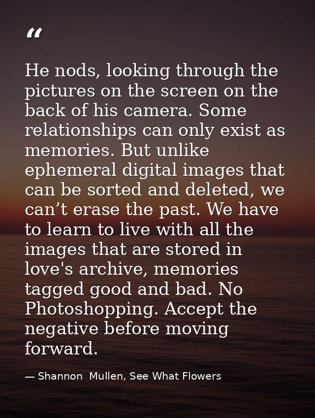 He nods, looking through the pictures on the screen on the back of his camera. Some relationships can only exist as memo — Shannon  Mullen, See What Flowers