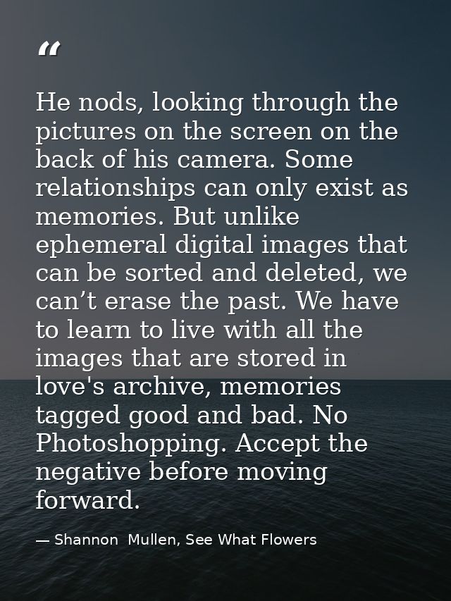 He nods, looking through the pictures on the screen on the back of his camera. Some relationships can only exist as memo — Shannon  Mullen, See What Flowers