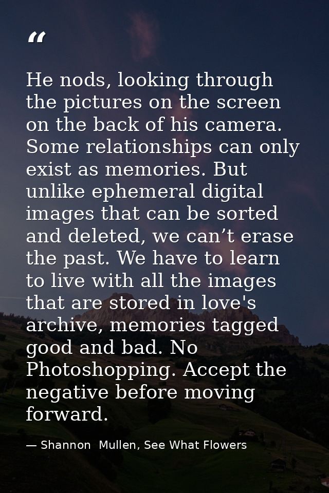 He nods, looking through the pictures on the screen on the back of his camera. Some relationships can only exist as memo — Shannon  Mullen, See What Flowers