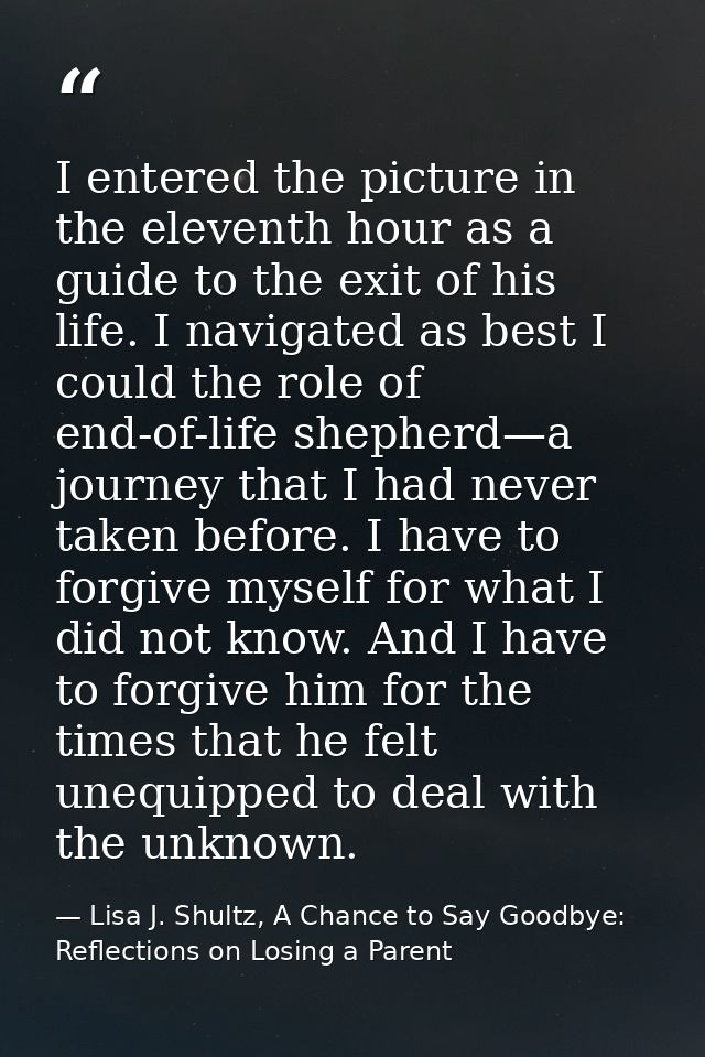 I entered the picture in the eleventh hour as a guide to the exit of his life. I navigated as best I could the role of e — Lisa J. Shultz, A Chance to Say Goodbye: Reflections on Losing a Parent