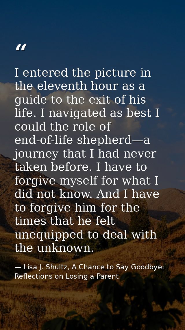 I entered the picture in the eleventh hour as a guide to the exit of his life. I navigated as best I could the role of e — Lisa J. Shultz, A Chance to Say Goodbye: Reflections on Losing a Parent