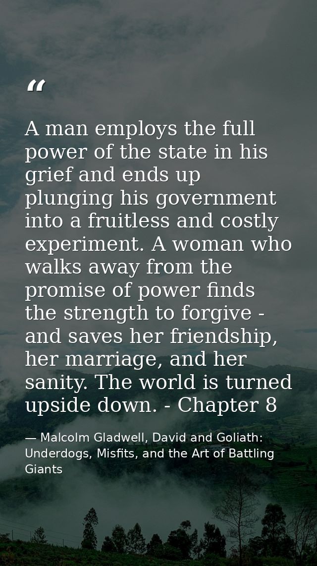 A man employs the full power of the state in his grief and ends up plunging his government into a fruitless and costly e — Malcolm Gladwell, David and Goliath: Underdogs, Misfits, and the Art of Battling Giants