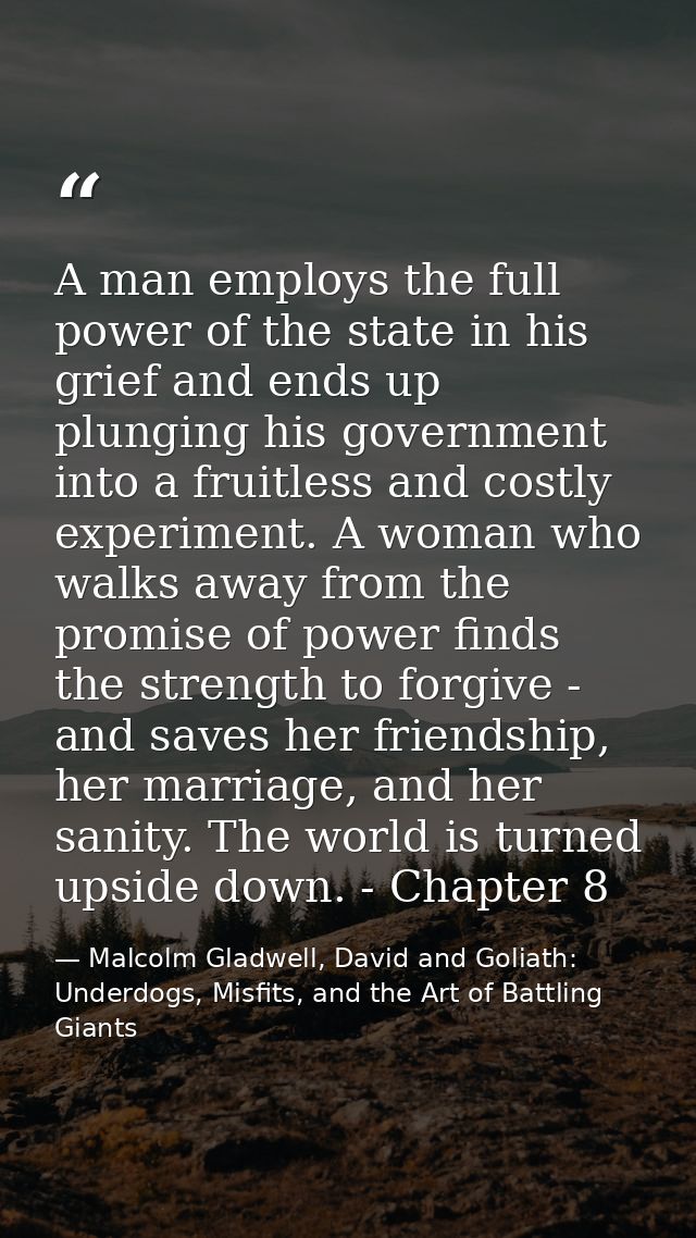 A man employs the full power of the state in his grief and ends up plunging his government into a fruitless and costly e — Malcolm Gladwell, David and Goliath: Underdogs, Misfits, and the Art of Battling Giants
