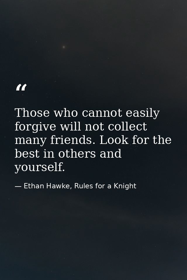 Those who cannot easily forgive will not collect many friends. Look for the best in others and yourself. — Ethan Hawke, Rules for a Knight