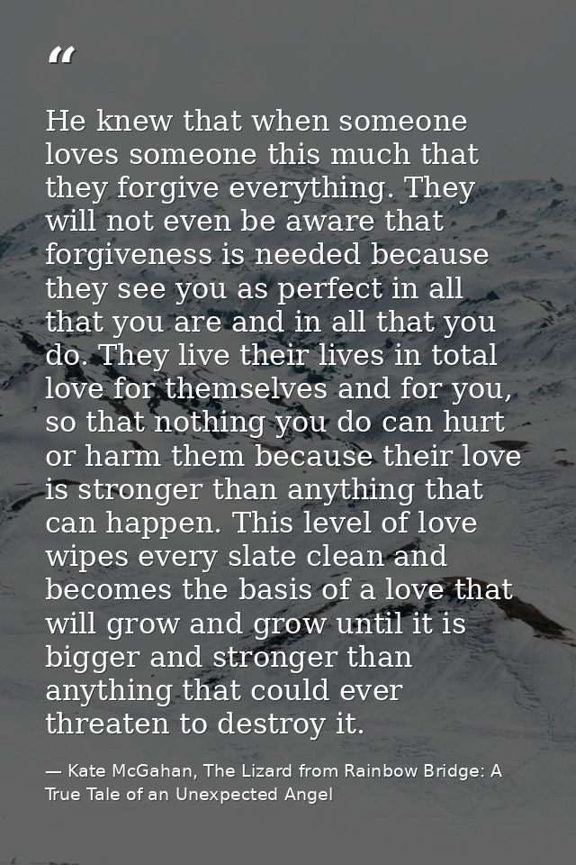 He knew that when someone loves someone this much that they forgive everything. They will not even be aware that forgive — Kate McGahan, The Lizard from Rainbow Bridge: A True Tale of an Unexpected Angel