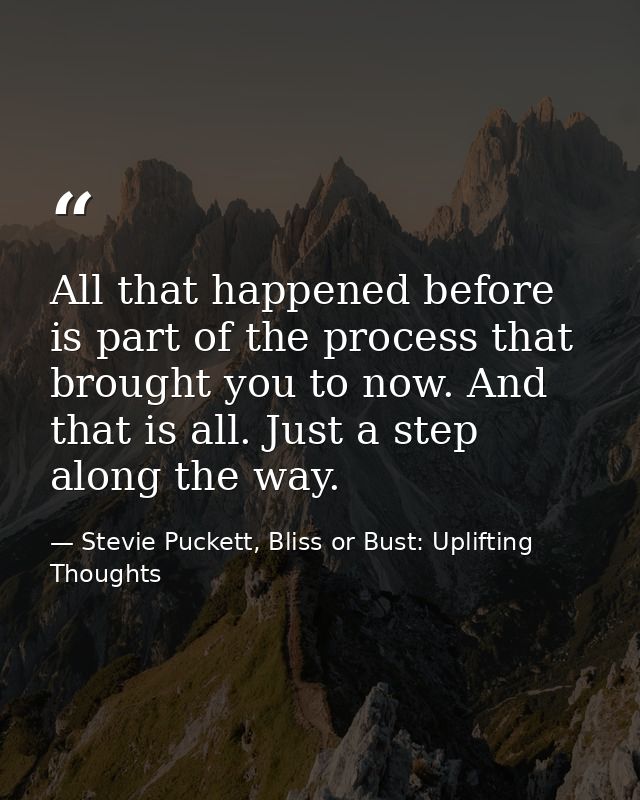 All that happened before is part of the process that brought you to now. And that is all. Just a step along the way. — Stevie Puckett, Bliss or Bust: Uplifting Thoughts