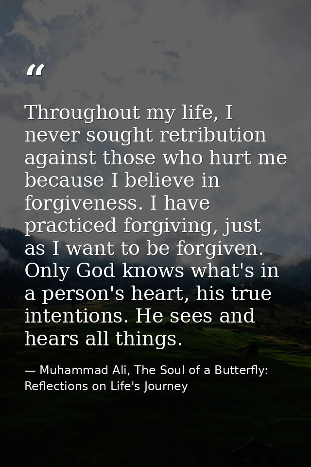 Throughout my life, I never sought retribution against those who hurt me because I believe in forgiveness. I have practi — Muhammad Ali, The Soul of a Butterfly: Reflections on Life's Journey