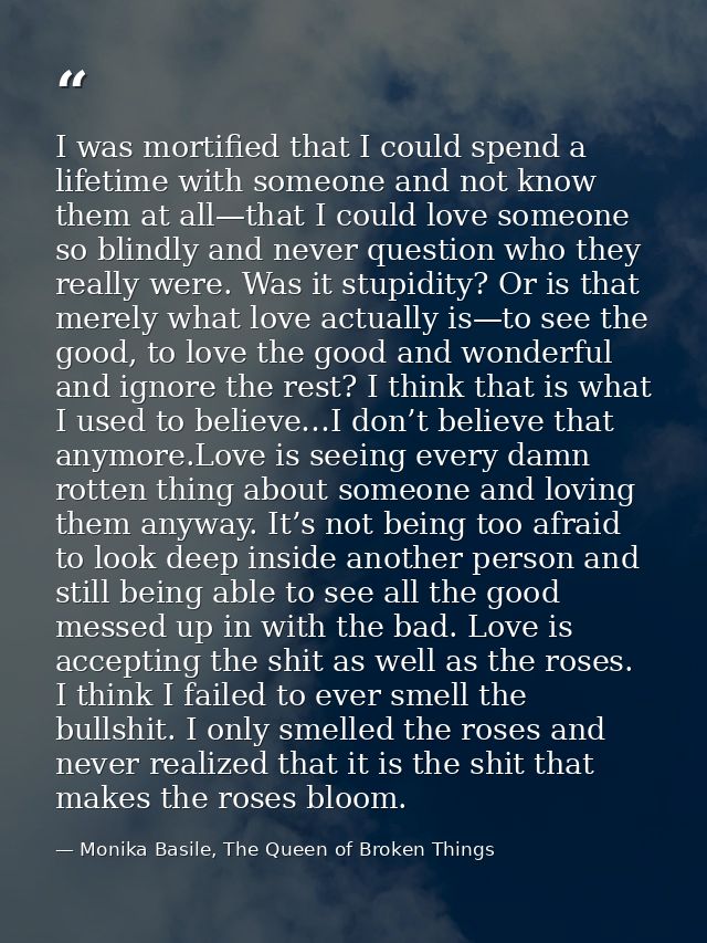 I was mortified that I could spend a lifetime with someone and not know them at all—that I could love someone so blindly — Monika Basile, The Queen of Broken Things
