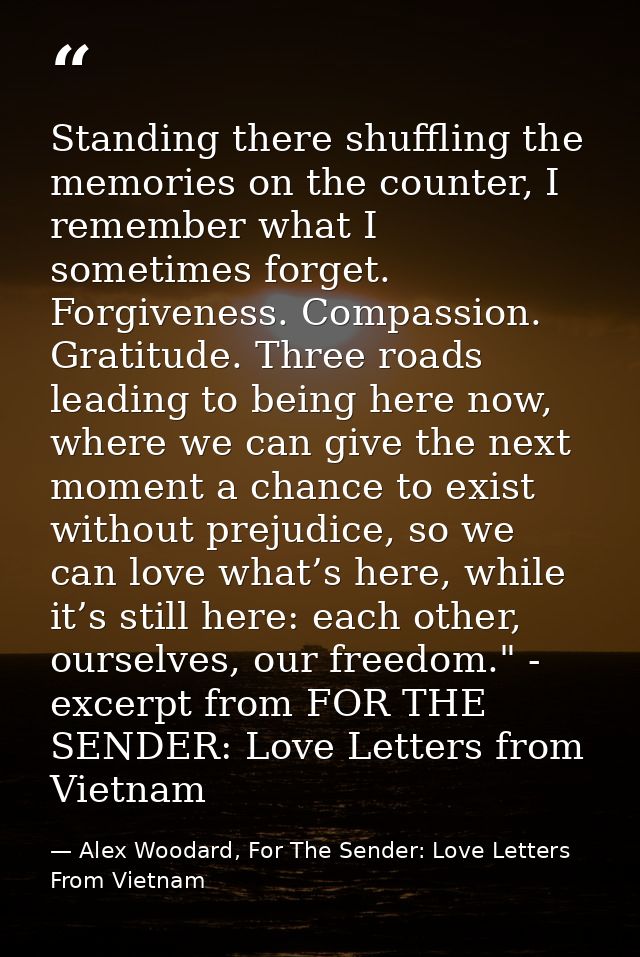 Standing there shuffling the memories on the counter, I remember what I sometimes forget. Forgiveness. Compassion. Grati — Alex Woodard, For The Sender: Love Letters From Vietnam