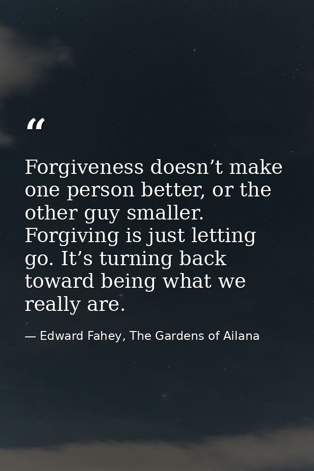 Forgiveness doesn’t make one person better, or the other guy smaller. Forgiving is just letting go. It’s turning back to — Edward Fahey, The Gardens of Ailana