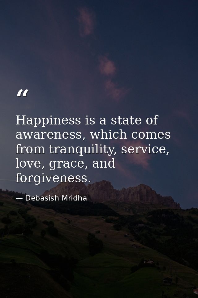 Happiness is a state of awareness, which comes from tranquility, service, love, grace, and forgiveness. — Debasish Mridha