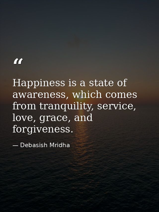 Happiness is a state of awareness, which comes from tranquility, service, love, grace, and forgiveness. — Debasish Mridha
