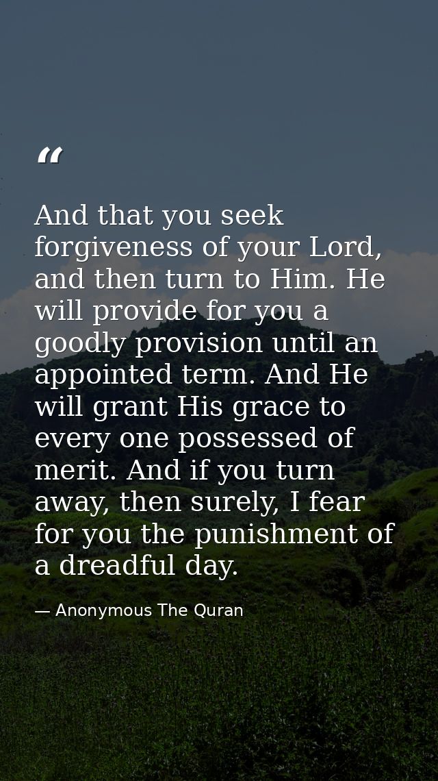 And that you seek forgiveness of your Lord, and then turn to Him. He will provide for you a goodly provision until an ap — Anonymous The Quran