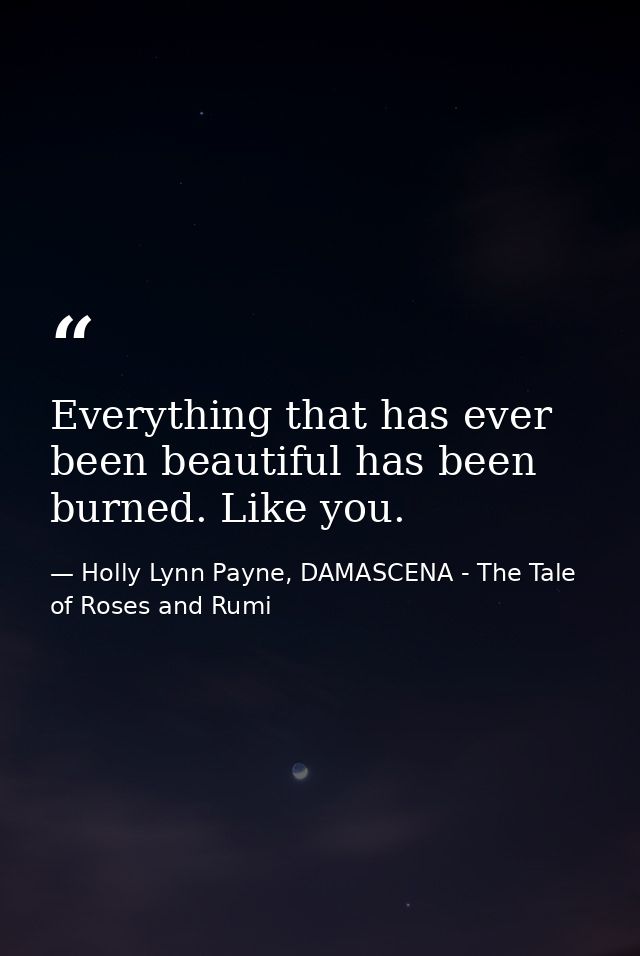 Everything that has ever been beautiful has been burned. Like you. — Holly Lynn Payne, DAMASCENA - The Tale of Roses and Rumi