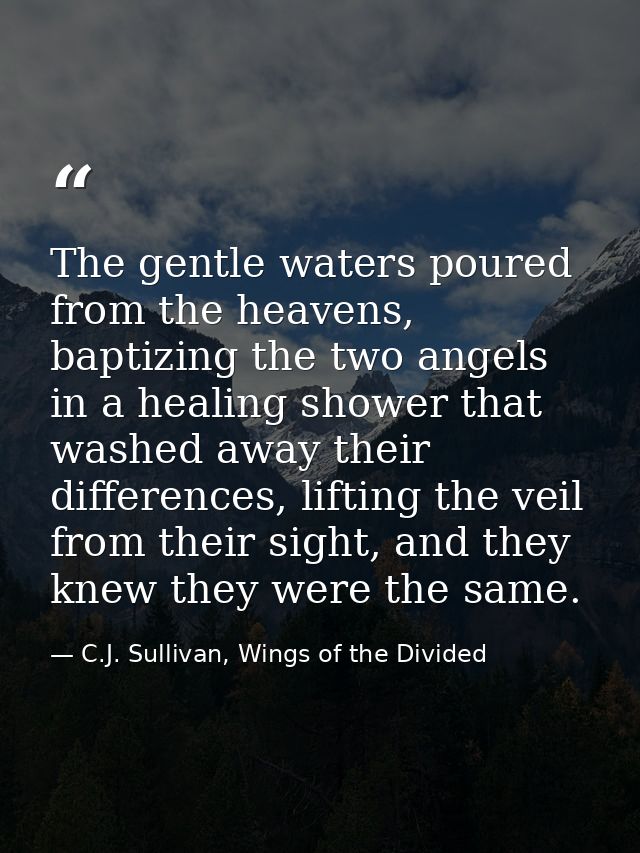 The gentle waters poured from the heavens, baptizing the two angels in a healing shower that washed away their differenc — C.J. Sullivan, Wings of the Divided