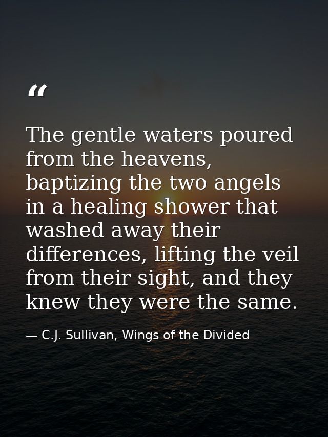 The gentle waters poured from the heavens, baptizing the two angels in a healing shower that washed away their differenc — C.J. Sullivan, Wings of the Divided