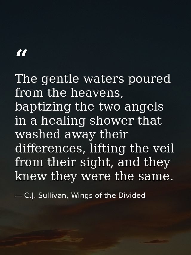 The gentle waters poured from the heavens, baptizing the two angels in a healing shower that washed away their differenc — C.J. Sullivan, Wings of the Divided