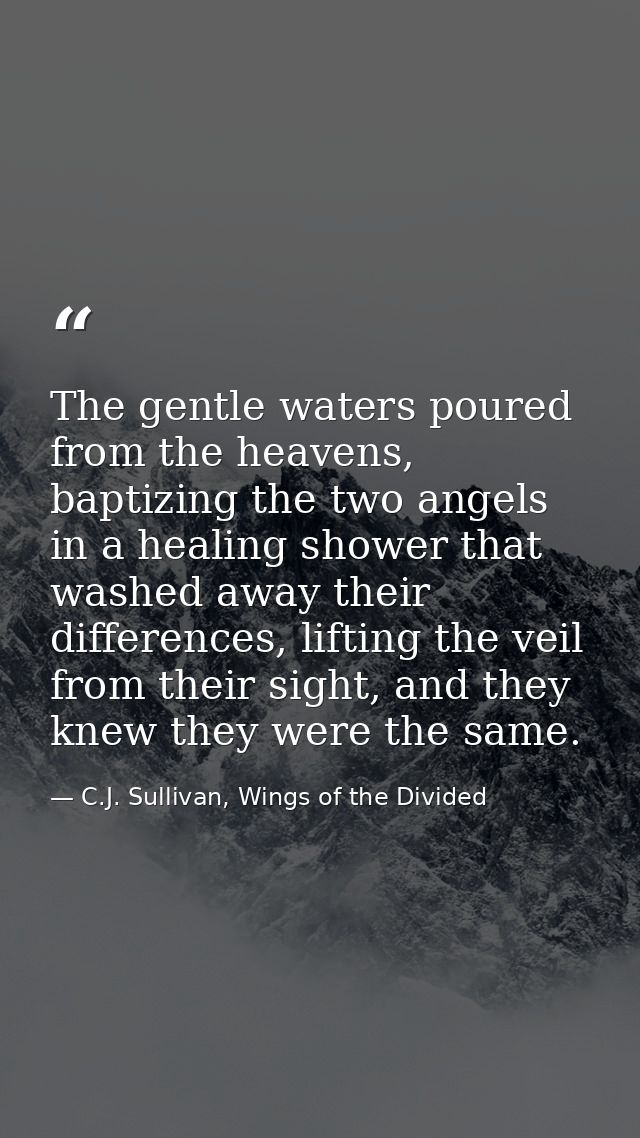 The gentle waters poured from the heavens, baptizing the two angels in a healing shower that washed away their differenc — C.J. Sullivan, Wings of the Divided