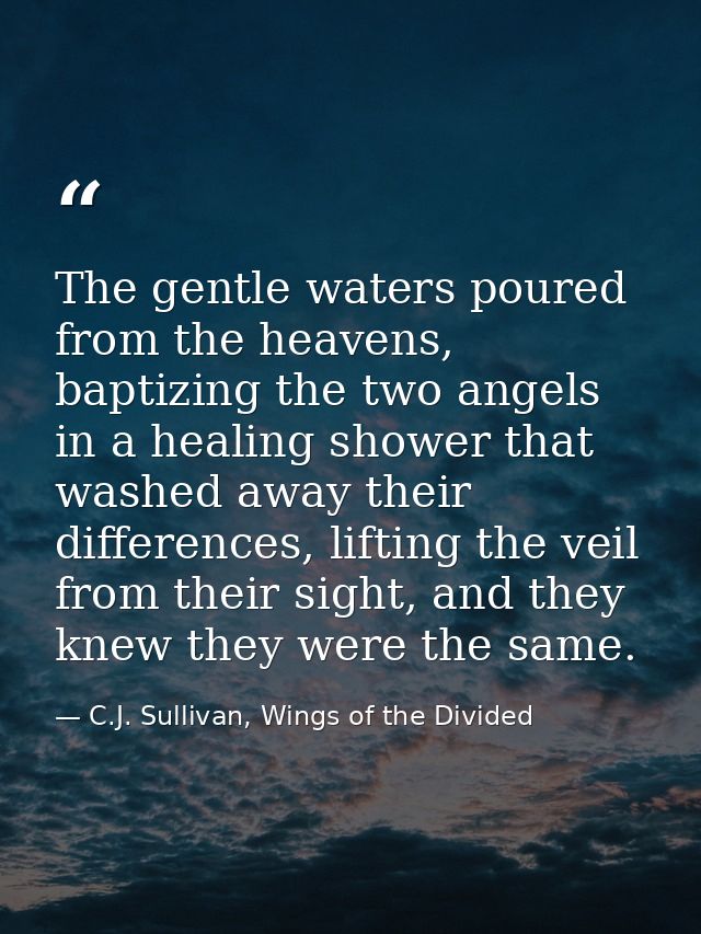 The gentle waters poured from the heavens, baptizing the two angels in a healing shower that washed away their differenc — C.J. Sullivan, Wings of the Divided