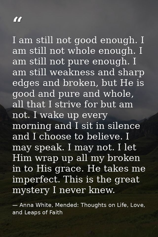 I am still not good enough. I am still not whole enough. I am still not pure enough. I am still weakness and sharp edges — Anna White, Mended: Thoughts on Life, Love, and Leaps of Faith