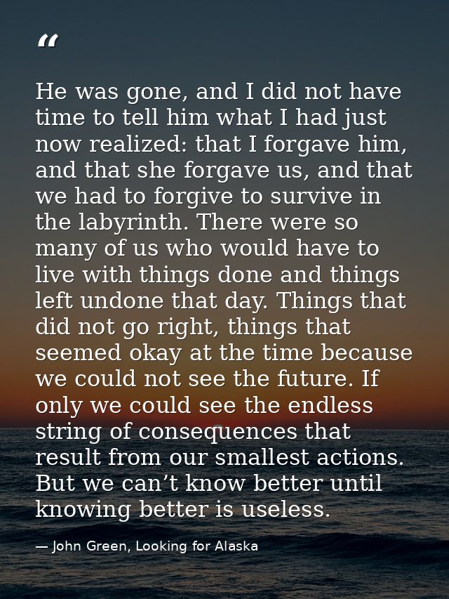 He was gone, and I did not have time to tell him what I had just now realized: that I forgave him, and that she forgave  — John Green, Looking for Alaska