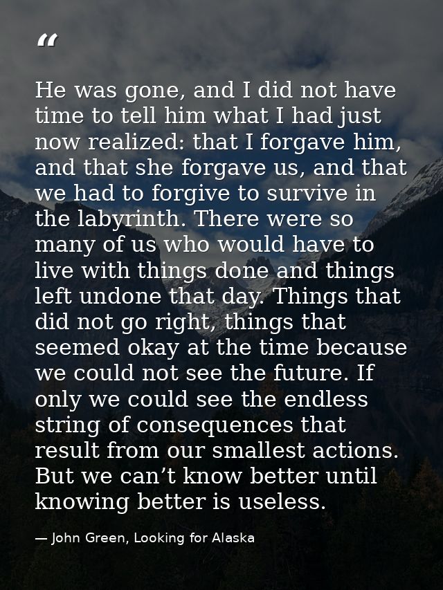 He was gone, and I did not have time to tell him what I had just now realized: that I forgave him, and that she forgave  — John Green, Looking for Alaska