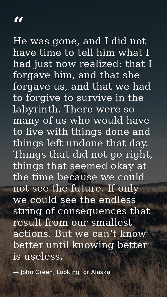 He was gone, and I did not have time to tell him what I had just now realized: that I forgave him, and that she forgave  — John Green, Looking for Alaska