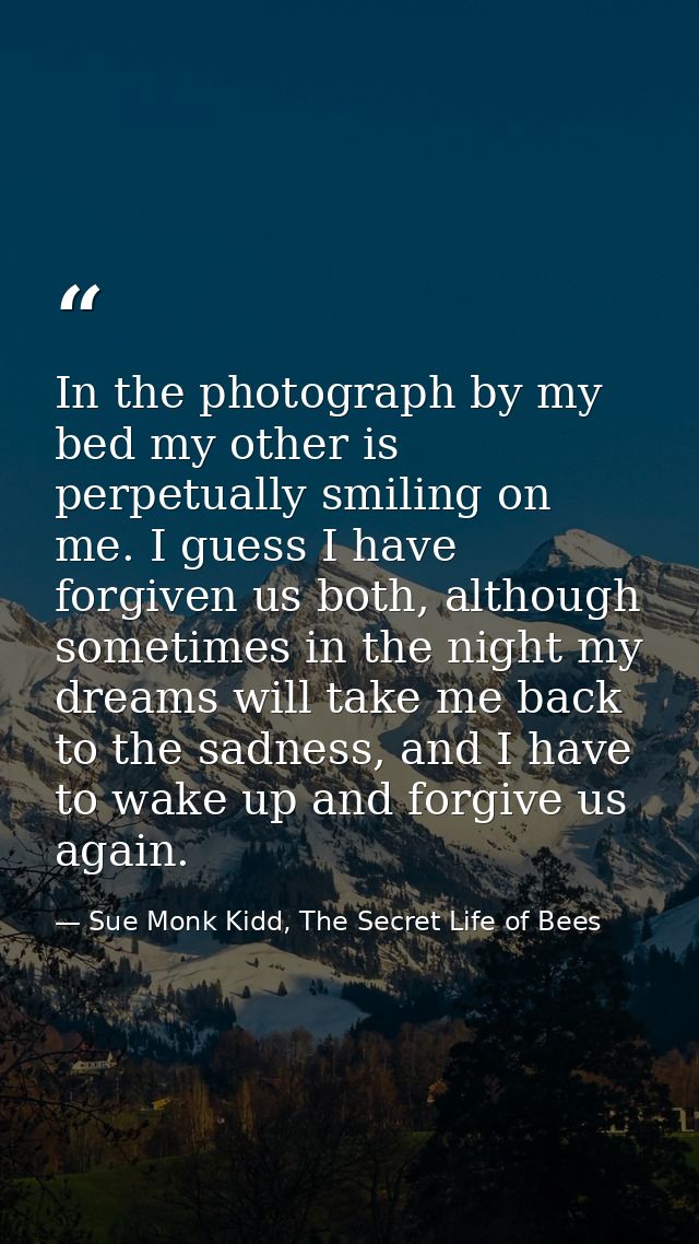 In the photograph by my bed my other is perpetually smiling on me. I guess I have forgiven us both, although sometimes i — Sue Monk Kidd, The Secret Life of Bees