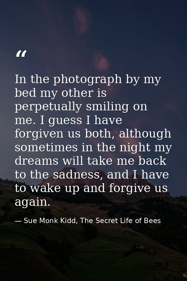 In the photograph by my bed my other is perpetually smiling on me. I guess I have forgiven us both, although sometimes i — Sue Monk Kidd, The Secret Life of Bees