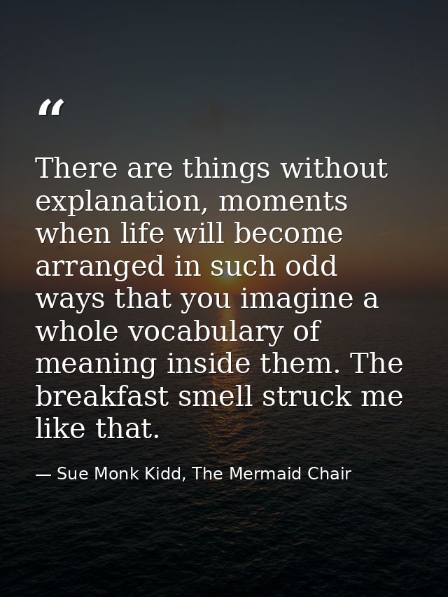 There are things without explanation, moments when life will become arranged in such odd ways that you imagine a whole v — Sue Monk Kidd, The Mermaid Chair