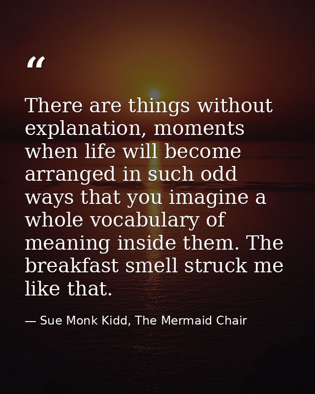 There are things without explanation, moments when life will become arranged in such odd ways that you imagine a whole v — Sue Monk Kidd, The Mermaid Chair
