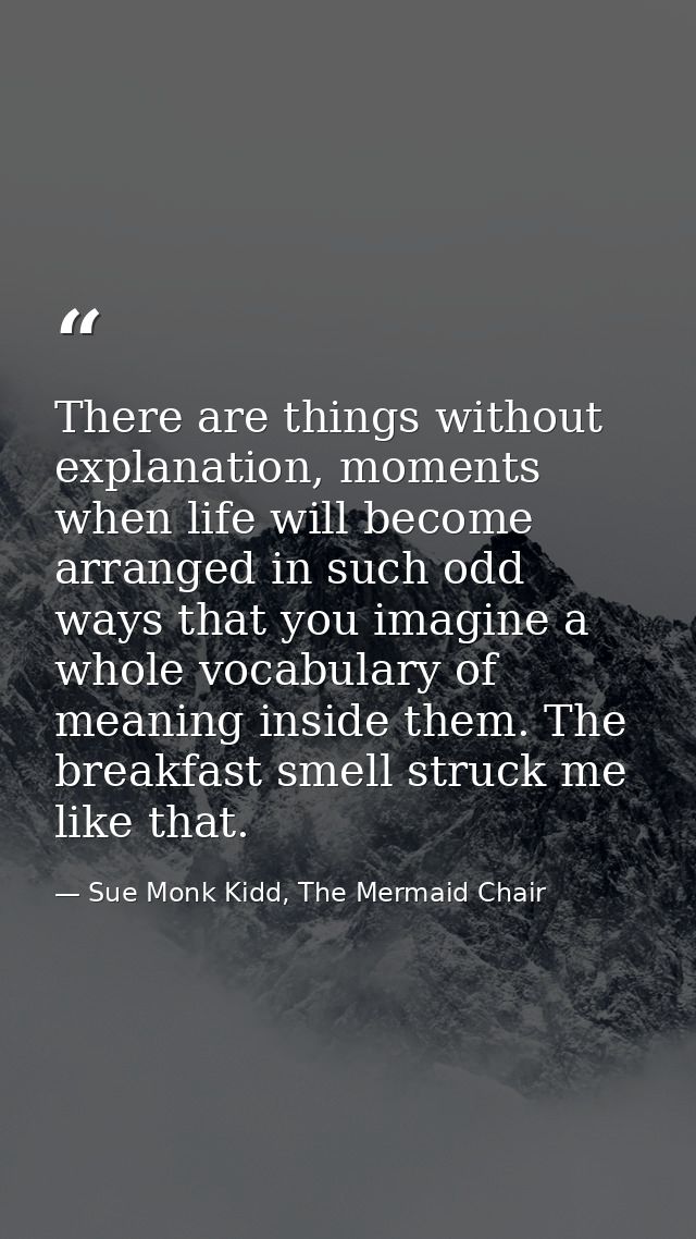 There are things without explanation, moments when life will become arranged in such odd ways that you imagine a whole v — Sue Monk Kidd, The Mermaid Chair