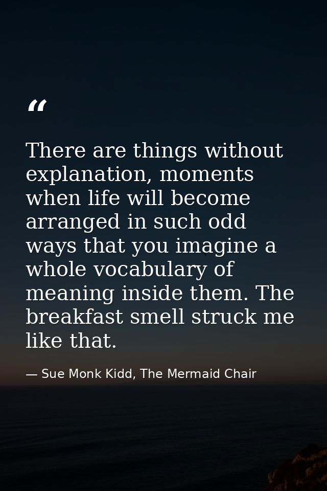 There are things without explanation, moments when life will become arranged in such odd ways that you imagine a whole v — Sue Monk Kidd, The Mermaid Chair