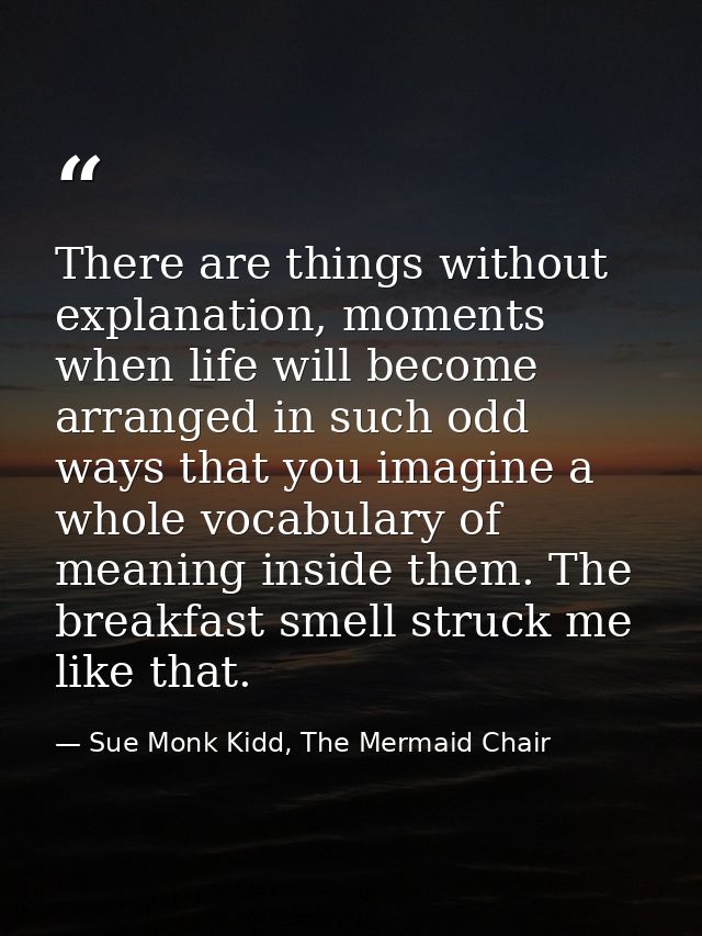 There are things without explanation, moments when life will become arranged in such odd ways that you imagine a whole v — Sue Monk Kidd, The Mermaid Chair