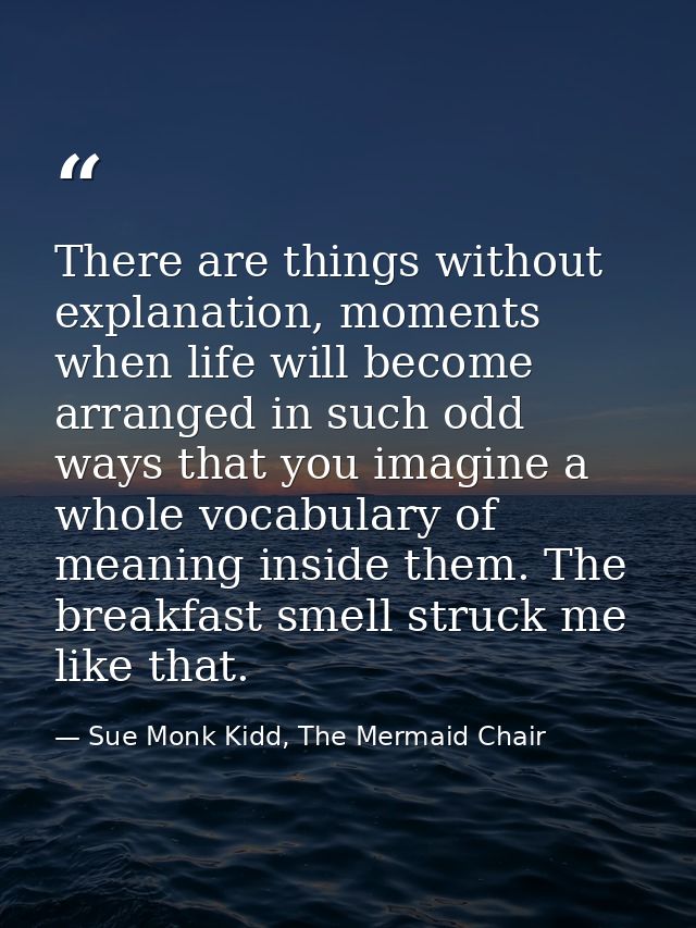 There are things without explanation, moments when life will become arranged in such odd ways that you imagine a whole v — Sue Monk Kidd, The Mermaid Chair