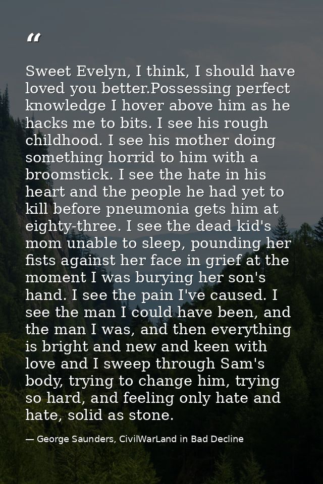 Sweet Evelyn, I think, I should have loved you better.Possessing perfect knowledge I hover above him as he hacks me to b — George Saunders, CivilWarLand in Bad Decline