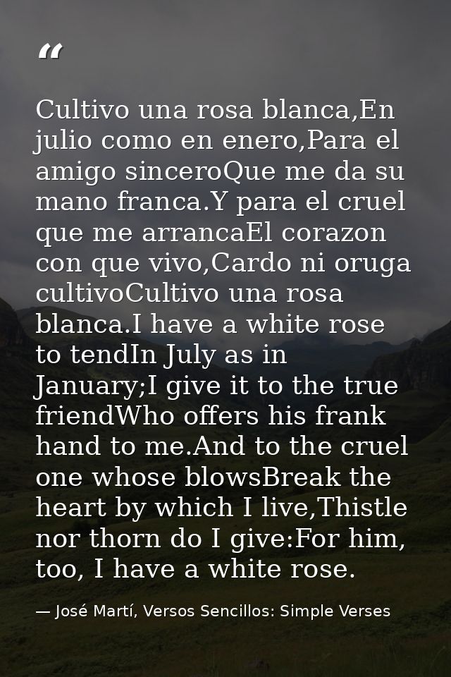 Cultivo una rosa blanca,En julio como en enero,Para el amigo sinceroQue me da su mano franca.Y para el cruel que me arra — José Martí, Versos Sencillos: Simple Verses