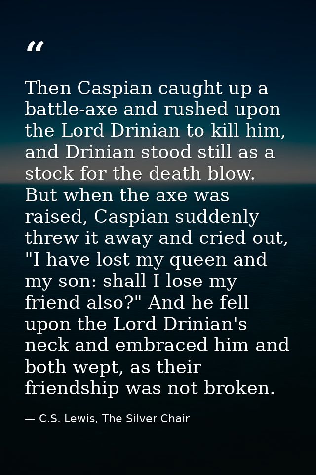 Then Caspian caught up a battle-axe and rushed upon the Lord Drinian to kill him, and Drinian stood still as a stock for — C.S. Lewis, The Silver Chair